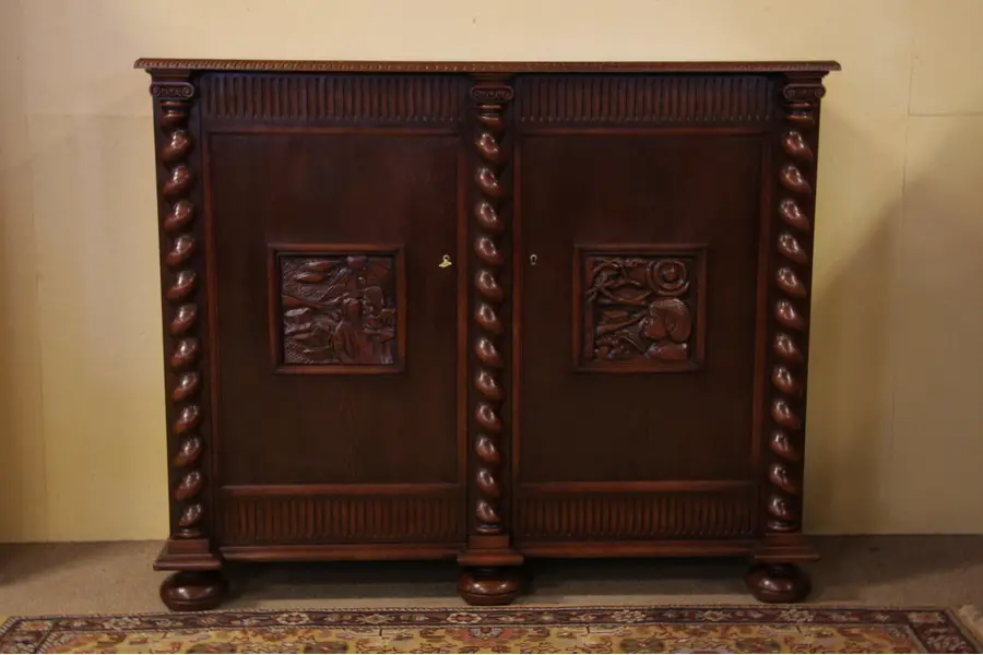 Photo of Antique Oak Carved Cabinet, Spiral Columns