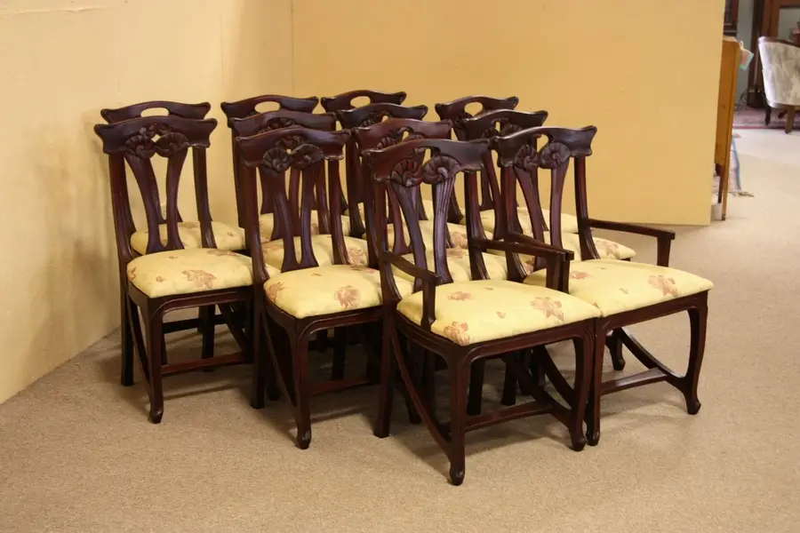 Photo of Set of 12 Carved Mahogany Art Nouveau Dining Chairs