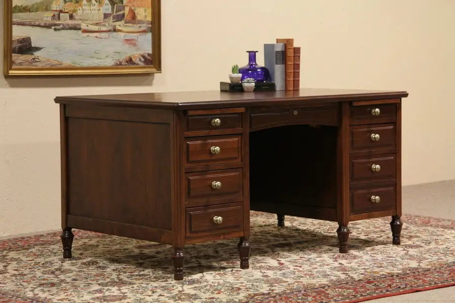 Photo of Walnut 1930's Antique Executive Desk, File Drawer, Pull Out Shelves