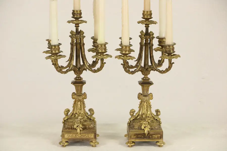 Photo of Pair of French Gilt Bronze 5 Candle 1860's Antique Candelabra
