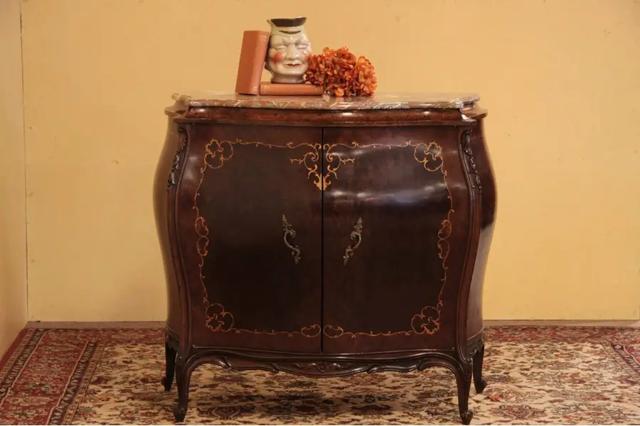 Photo of Marble Top French Marquetry Bombe Cabinet or Console
