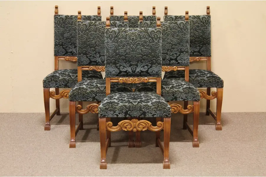 Photo of Set of 6 Antique Carved Oak Mohair Dining Chairs