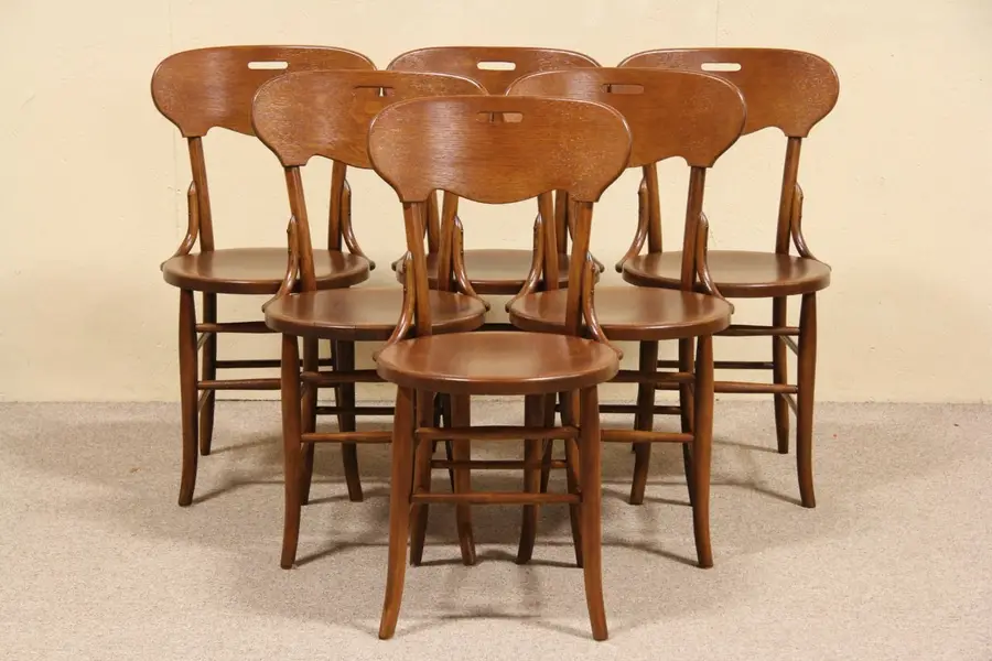 Photo of Set of 6 Antique 1900 Oak Cafe Dining Chairs