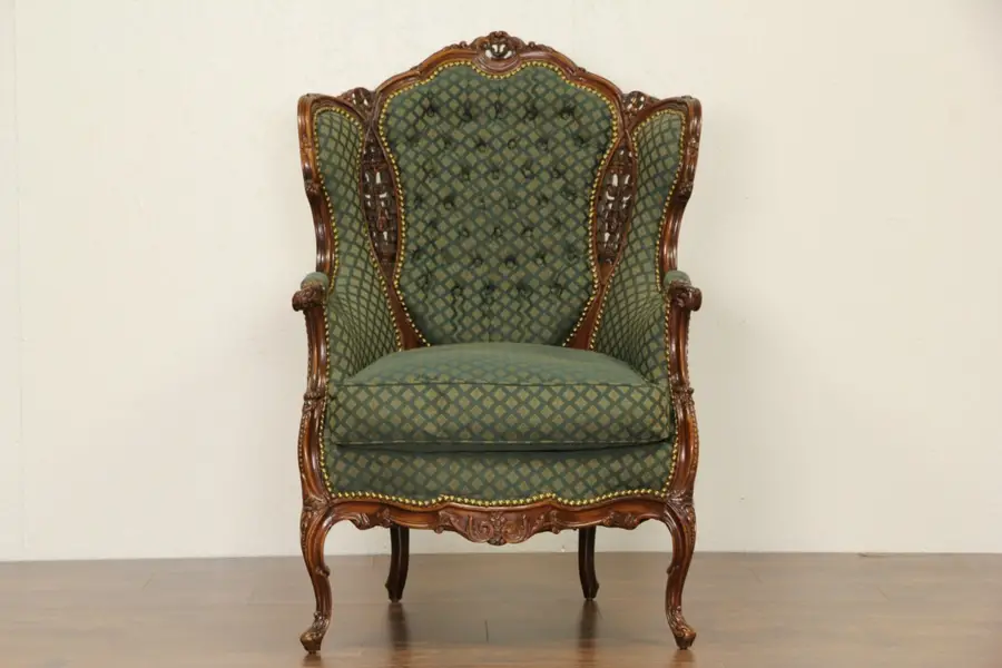 Photo of Carved 1940's Vintage French Style Wing Chair