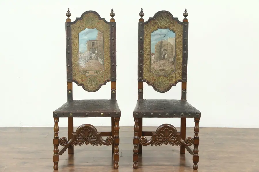 Photo of Pair Antique Leather Chairs, Hand Painted Gates Toledo & Segovia Spain