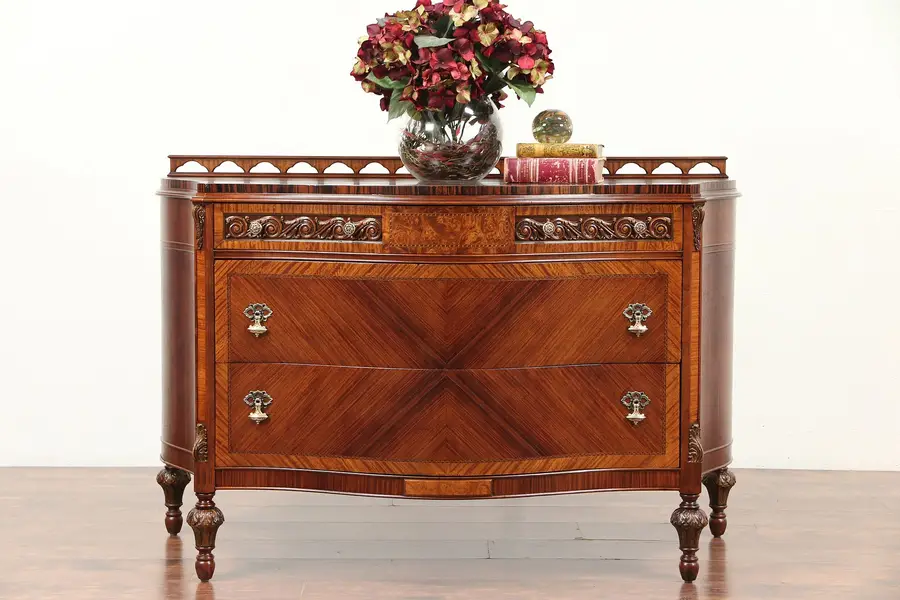 Photo of Curved Antique Linen or Hall Chest, Rosewood, Banding & Carving