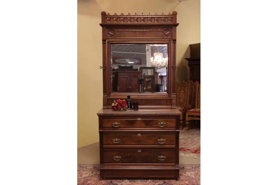 Photo of Victorian Eastlake Dresser or Vanity, Marble, Mirror