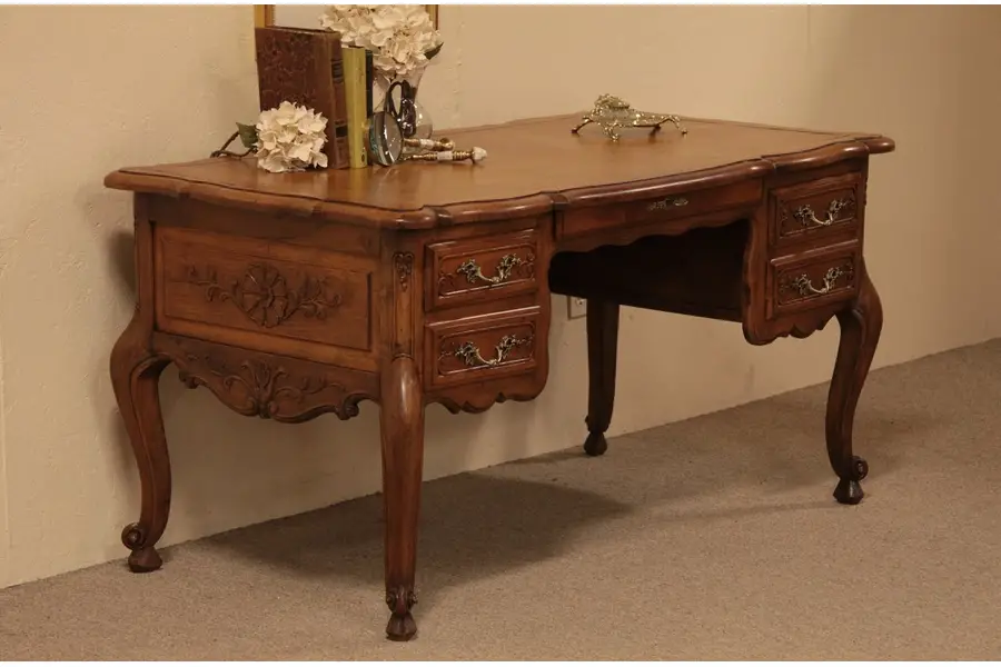 Photo of Carved Writing Desk, Leather Top