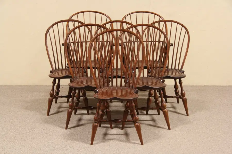 Photo of Set of 8 D.R. Dimes Signed Hand Crafted Windsor Dining Chairs