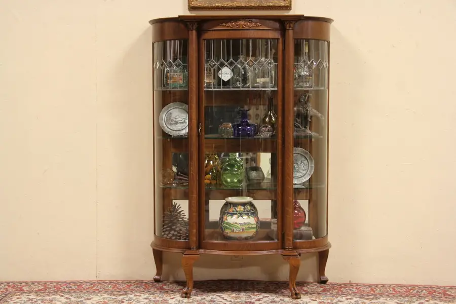 Photo of Curved & Leaded Glass 1900 Antique Oak Curio Display Cabinet