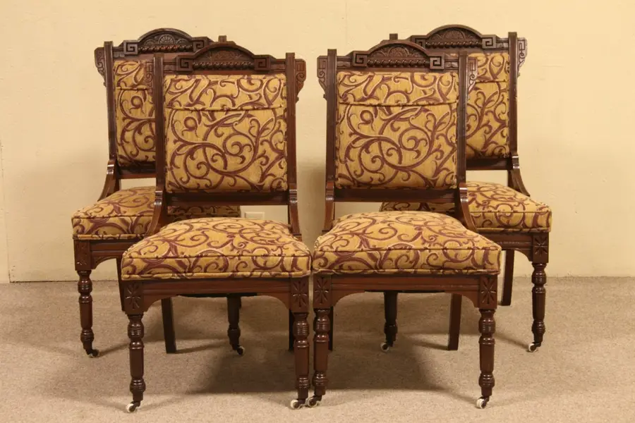 Photo of Set of 4 Victorian Eastlake 1880 Antique Dining, Parlor or Game Table Chairs