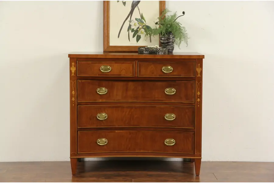 Photo of Hekman Signed Cherry Linen Chest or Dresser, Marquetry & Banding