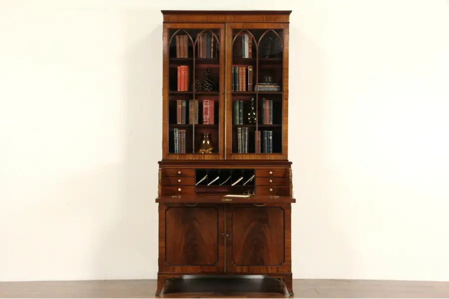 Photo of English Butler 1880 Antique Secretary Desk, Bookcase, Wavy Glass, Secret Drawers