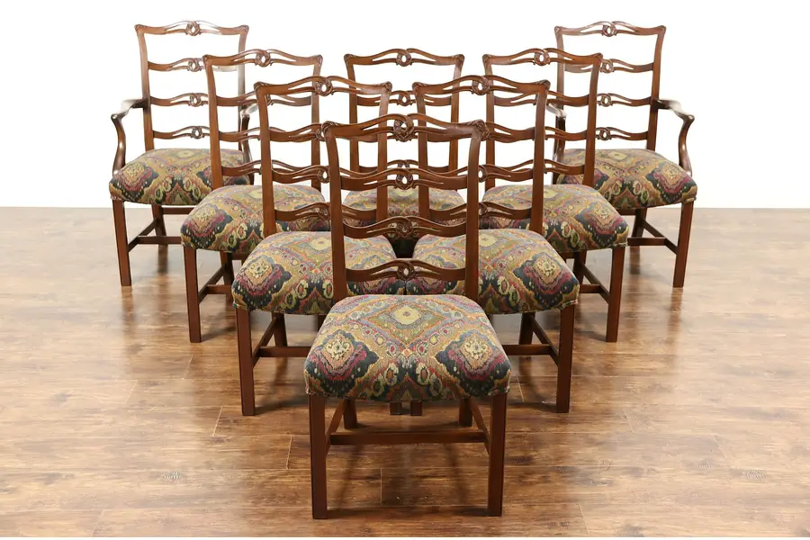 Photo of Set of 8 Traditional Carved Mahogany Vintage Dining Chairs, New Upholstery