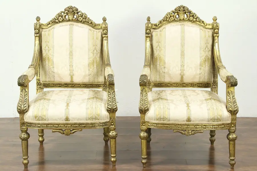 Photo of Pair of Carved Vintage Arm Chairs, Distressed Gold Finish