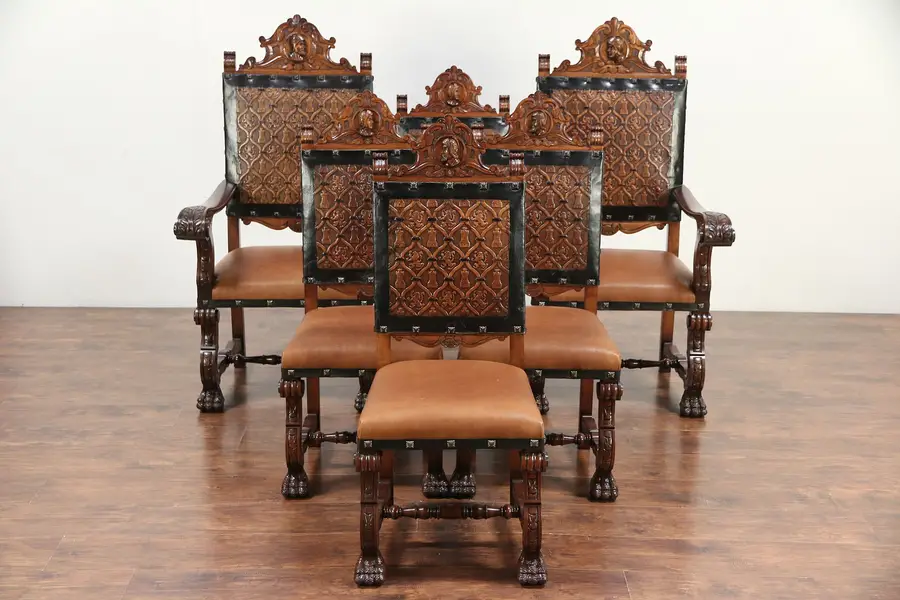 Photo of Spanish Colonial Carved Vintage Set of 6 Leather Dining Chairs, Marco