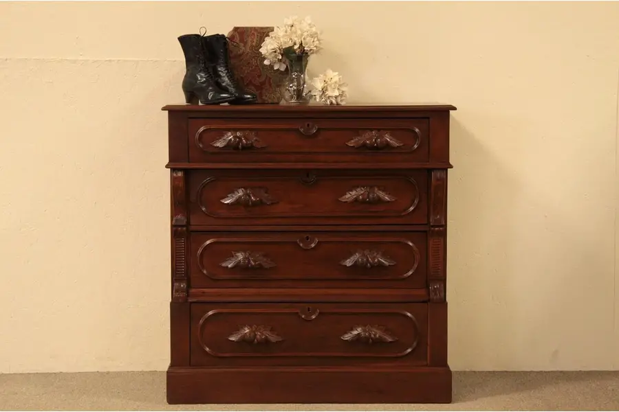 Photo of Victorian 1860 Walnut Chest or Dresser, Carved Pulls