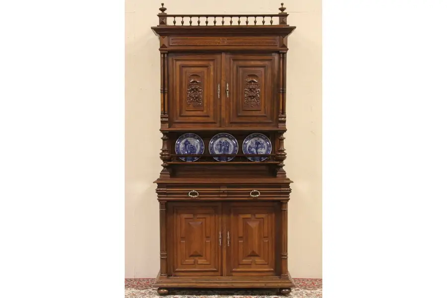 Photo of Oak Carved 1885 Antique French China or Dowry Cabinet