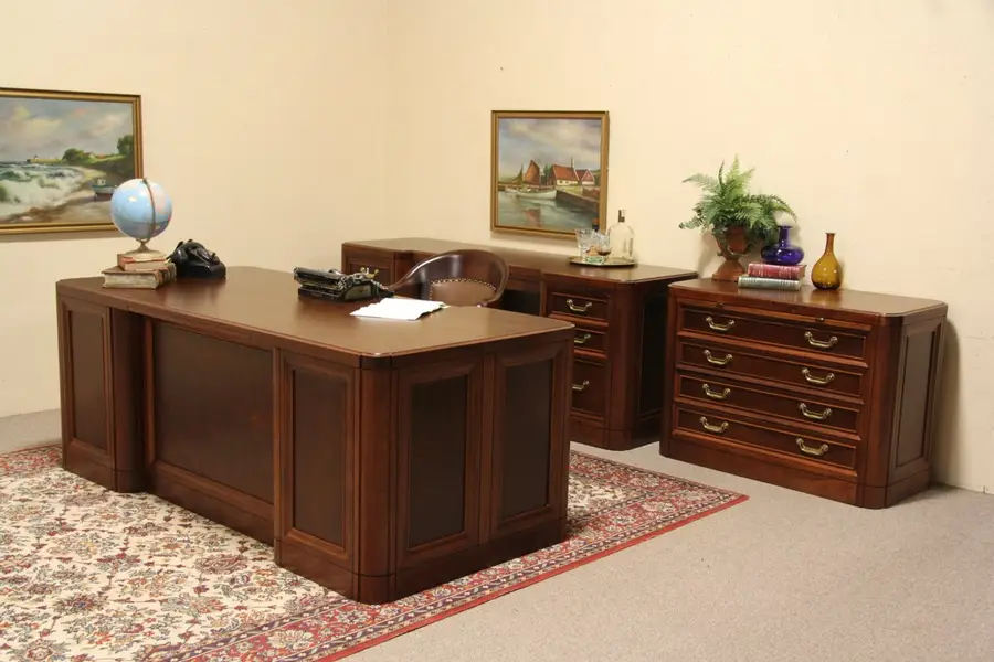 Photo of Alex Stuart Vintage Mahogany Executive 3 Pc. Desk, Credenza & File Set