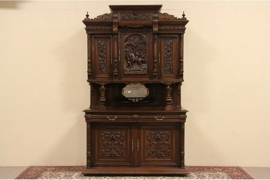 Photo of Carved Cabinet with Jousting Knights, France 1890 - Antique