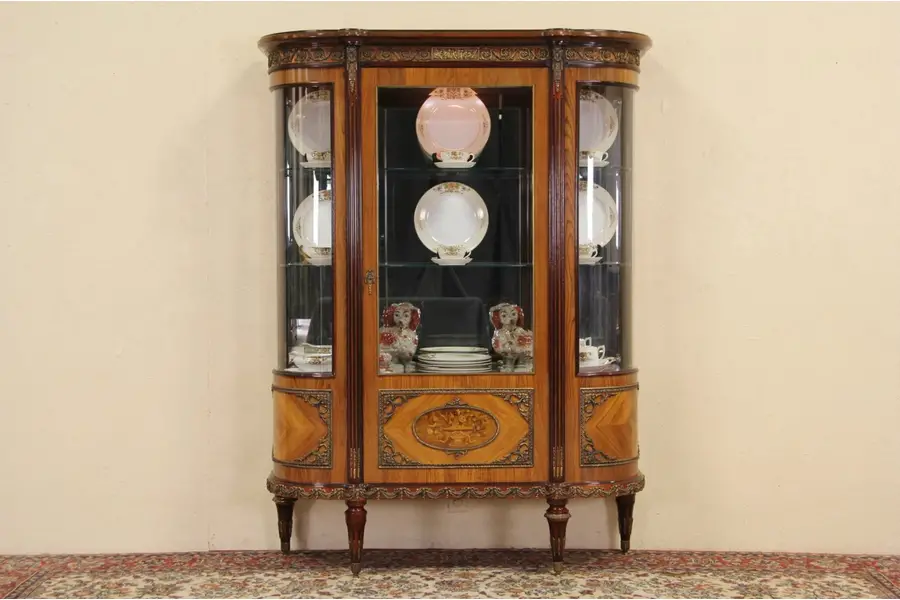 Photo of French 1940's Vintage Curved Glass Curio China Display Cabinet