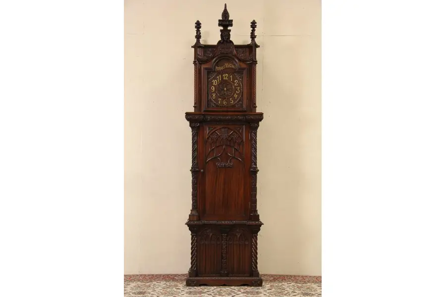 Photo of Gothic Hand Carved 1932 Grandfather Tall Case Clock, Angel & Spiral Columns