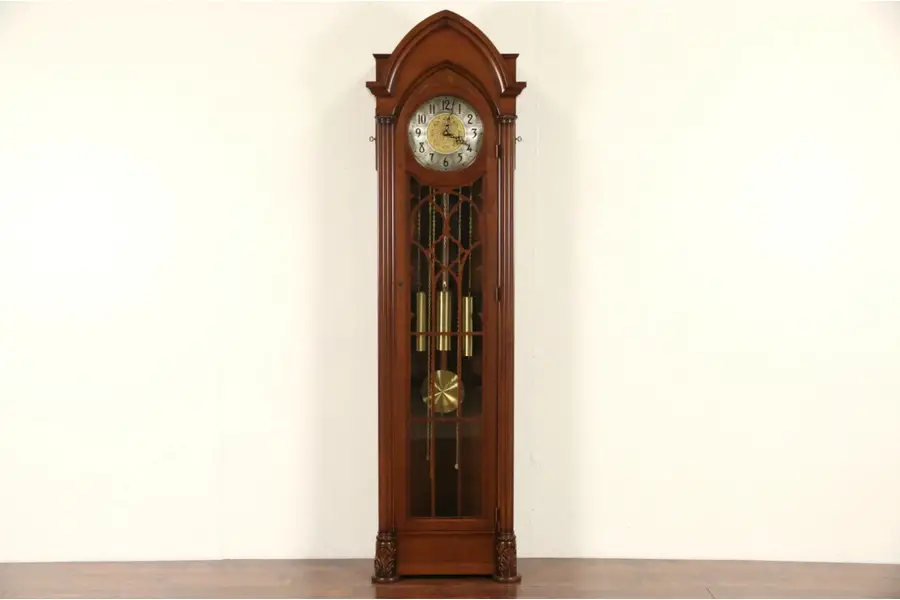 Photo of Hanson Signed Gothic Long Case Grandfather Vintage Clock
