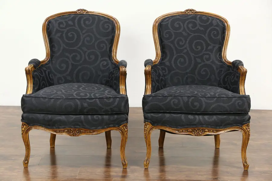 Photo of Pair Country French Carved Fruitwood Vintage Chairs, New Upholstery