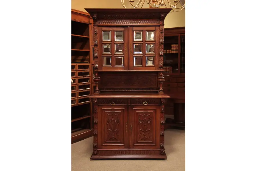 Photo of Carved Oak Sideboard Cabinet, 12 Beveled Mirrors