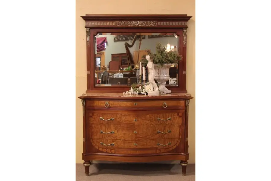 Photo of Marble Top Chest from France, Marquetry & Mirror
