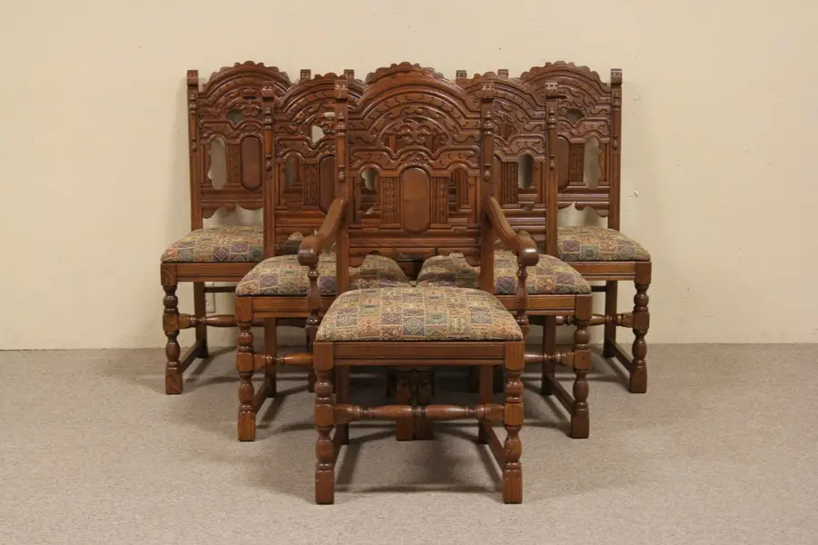 Photo of Set of 6 Oak 1920's Antique Tudor Dining Chairs