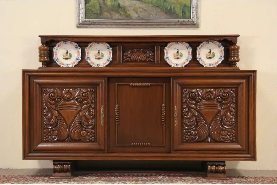 Photo of Art Deco 1925 German Carved Oak Sideboard, Back Bar or TV Console