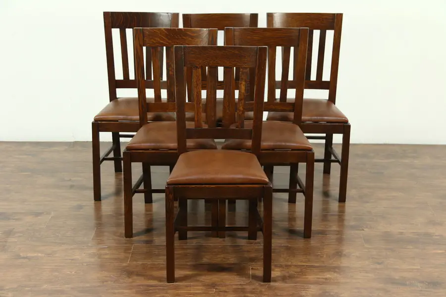 Photo of Set of 6 Arts & Crafts Mission Oak Antique Craftsman Dining Chairs, New Leather
