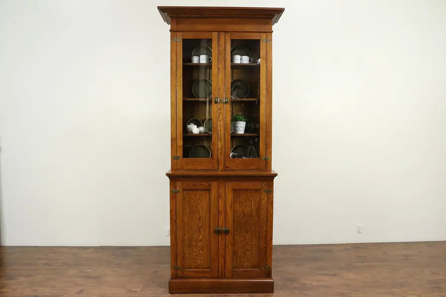Photo of Victorian Antique Tall Oak Bookcase, China Cabinet or Pantry Cupboard