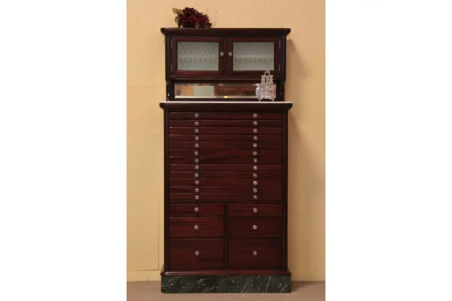 Photo of Antique Mahogany Dental Cabinet, 18 Drawers & Marble