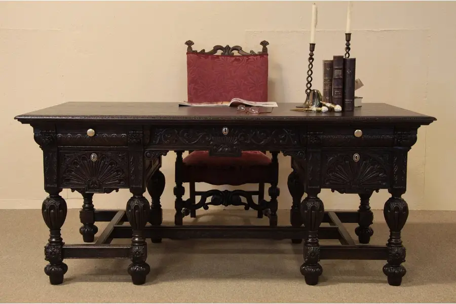 Photo of Tudor Antique Carved Oak Partner's Desk, Lion Heads