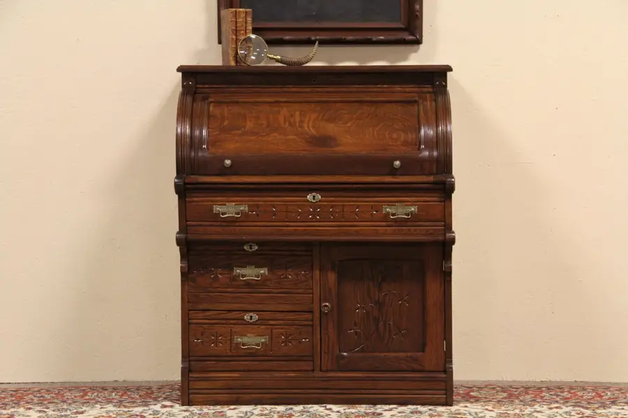 Photo of Eastlake Antique Oak Cylinder Roll Top Desk