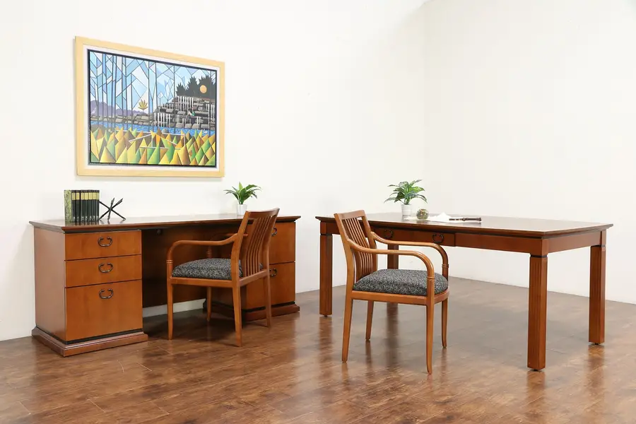 Photo of Cherry Vintage Library or Office Writing Desk & Credenza Set, Paoli