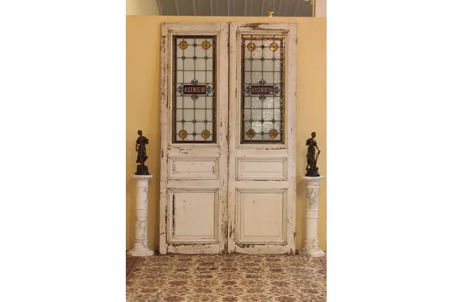 Photo of Pair of French Pine & Stained Glass Antique Doors
