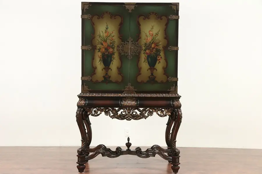 Photo of Renaissance Carved Antique Bar, China or Hall Cabinet, Hand Painted