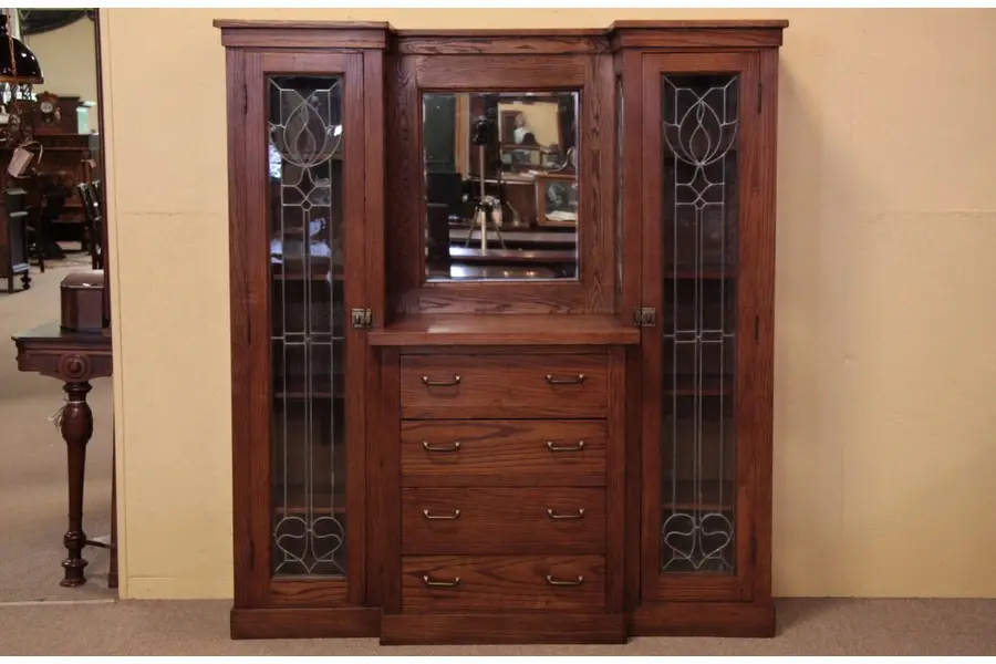 Photo of Arts & Crafts Mission Oak Leaded Glass Cabinet