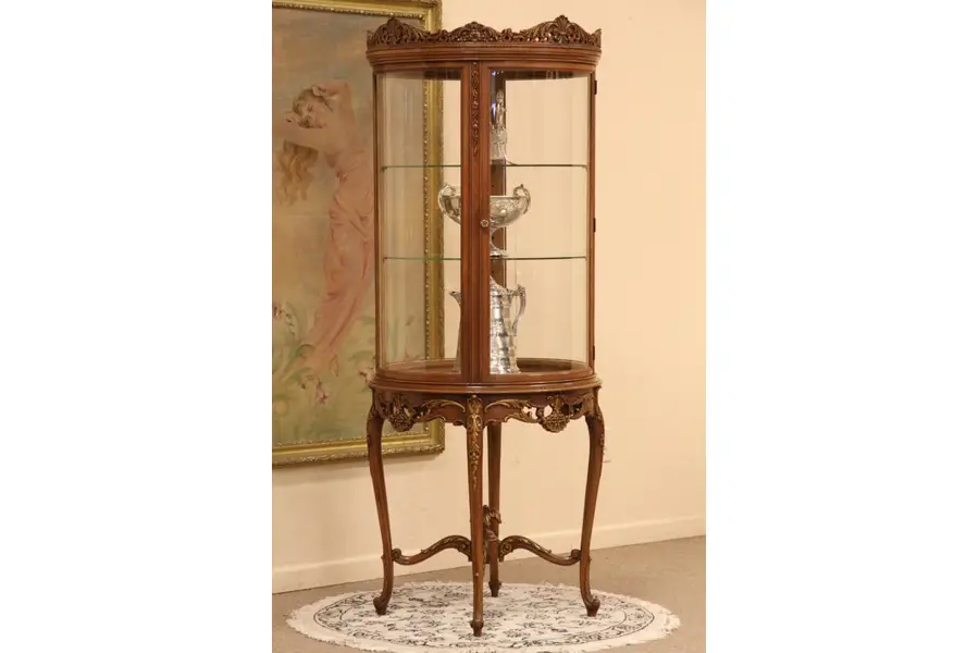 Photo of Carved Round Curved Glass Curio Cabinet