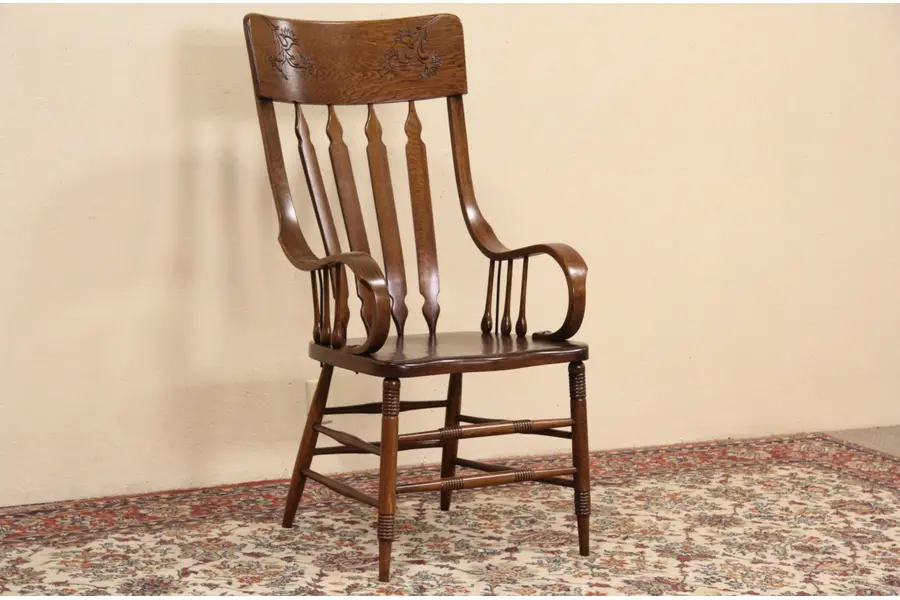 Photo of Courthouse Oak Desk or Dining Chair, Large 1890's Antique w/ Arms, 5 of 6