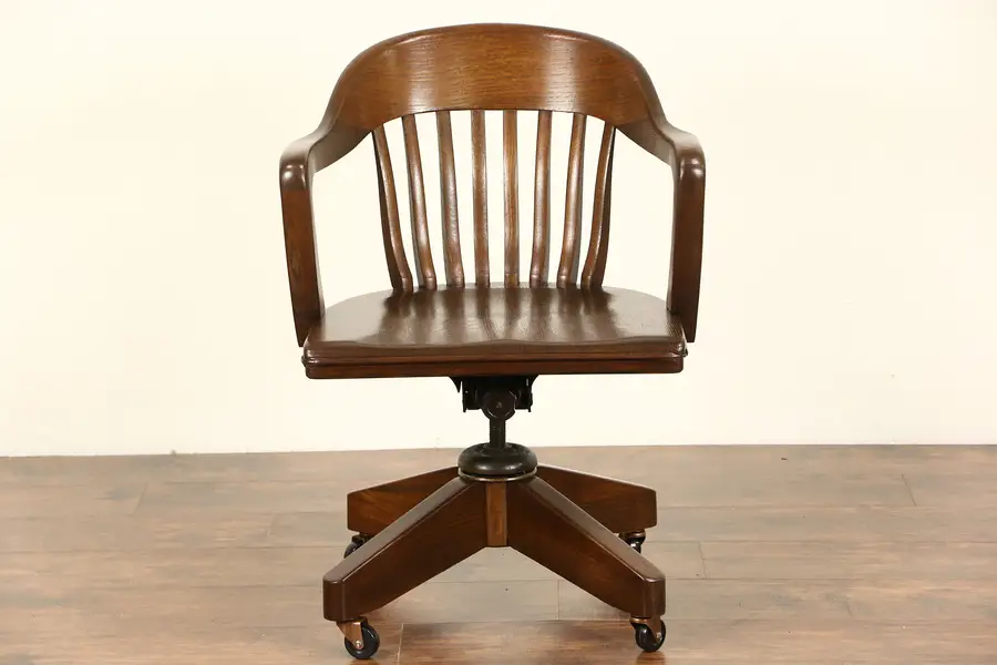 Photo of Oak Swivel Adjustable 1930's Vintage Desk Chair, Signed Blackwell St. Louis
