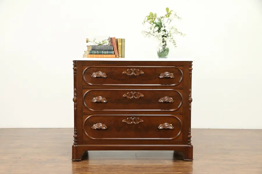 Photo of Victorian Antique Carved Walnut Dresser or Linen Chest, Marble Top