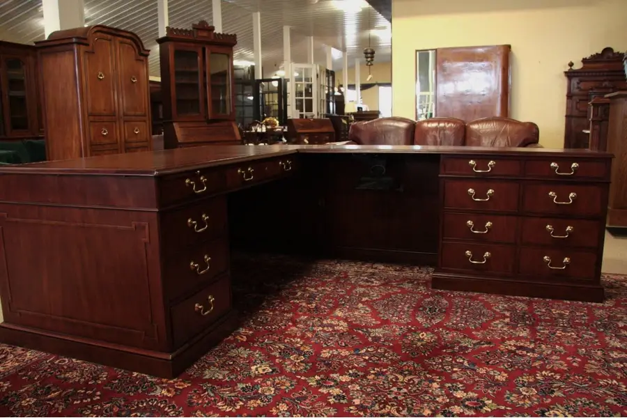 Photo of Baker Leather Top Mahogany L-shaped Executive Desk