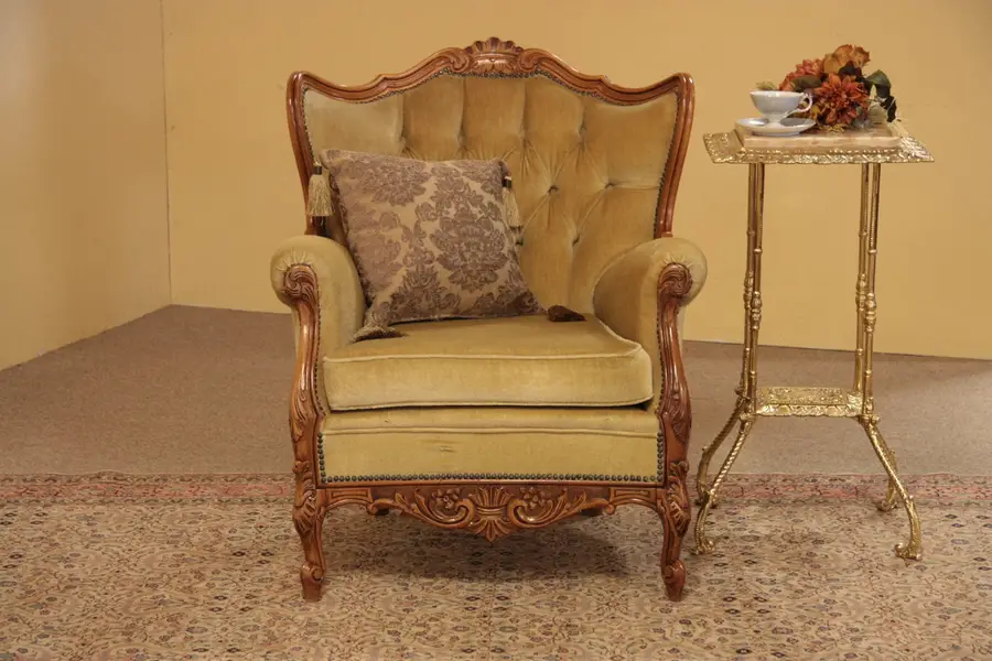 Photo of Carved Vintage Wing Chair, Genuine Mohair