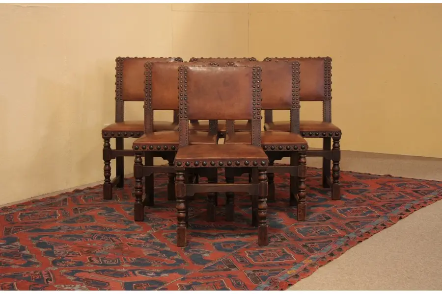 Photo of Set of 6 Oak Antique Saddle Leather Dining Chairs