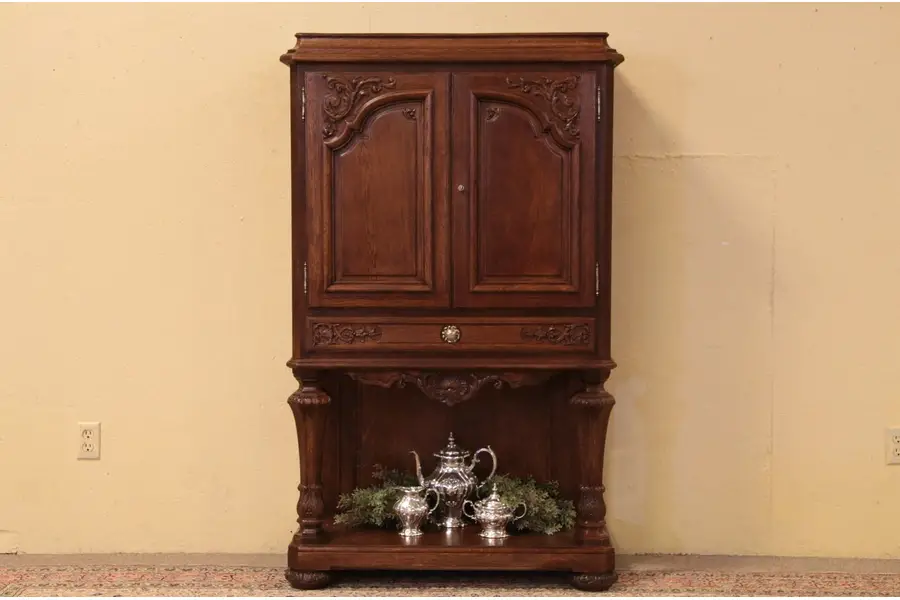 Photo of Carved Oak Silver Chest or Collector's Cabinet