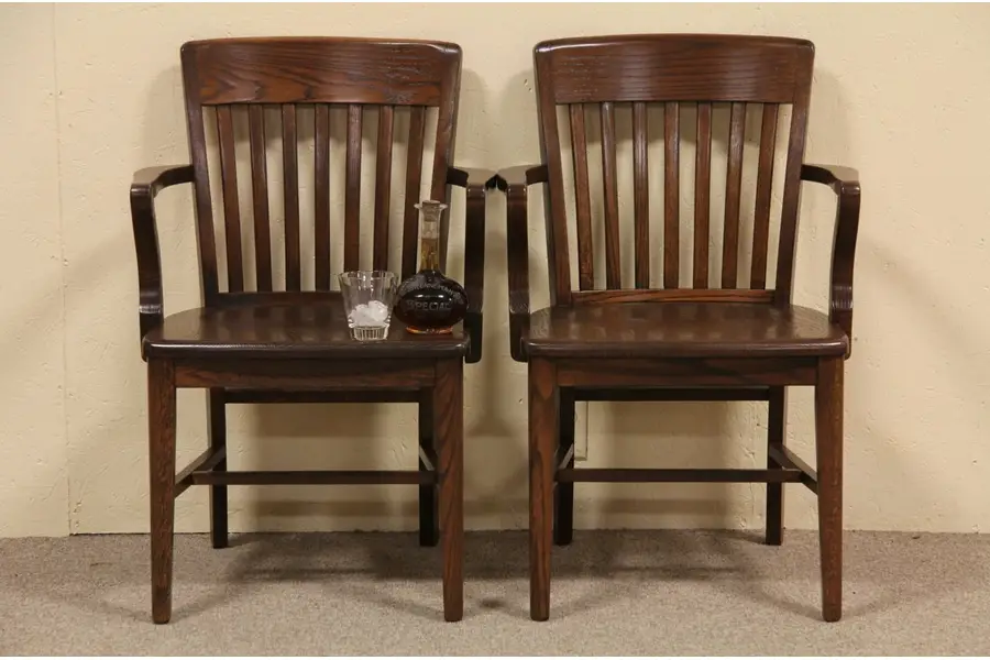 Photo of Pair Oak Antique Banker Armchairs